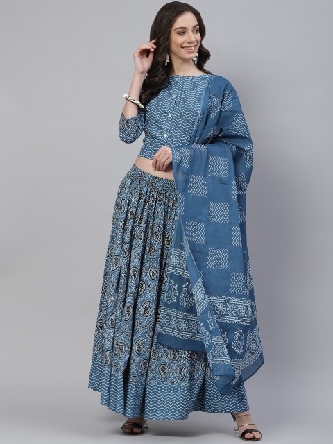 

mokshi Women Blue Ethnic Motifs Printed Pure Cotton Top with Skirt & With Dupatta