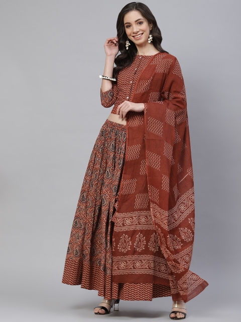 

mokshi Women Brown Ethnic Motifs Printed Pure Cotton Top with Skirt & With Dupatta