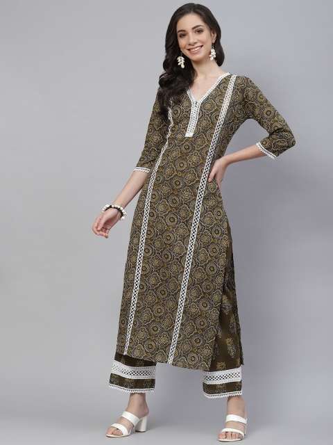 

mokshi Women Olive Green Ethnic Motifs Printed Pure Cotton Kurta with Palazzos