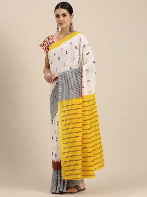 

Satrani Off White & Yellow Pure Cotton Geometric Print Saree