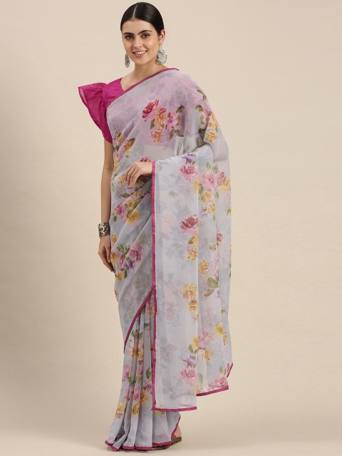 

Satrani Grey & Pink Floral Pure Georgette Saree