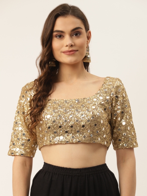 

NDS Niharikaa Designer Studio Golden Embellished Mirror Work Padded Saree Blouse, Gold