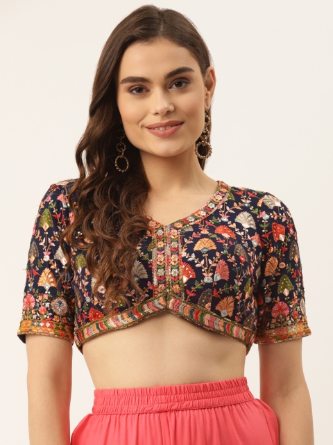 

NDS Niharikaa Designer Studio Navy Blue & Red Embroidered Padded Saree Blouse