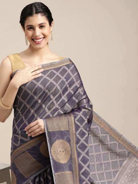 

all about you Charcoal Grey & Golden Ethnic Motifs Linen Blend Saree