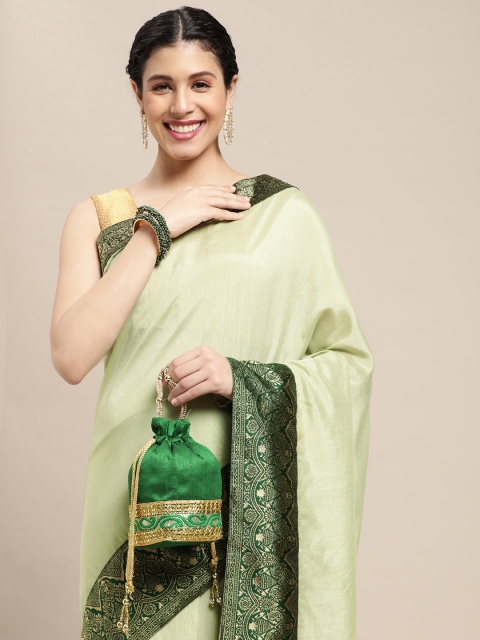 

all about you Cream-Coloured & Olive Green Silk Blend Saree