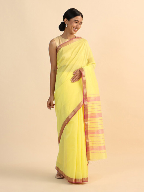 

Taneira Yellow & Gold-Toned Zari Silk Cotton Maheshwari Saree