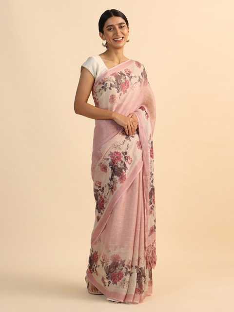 

Taneira Pink & Burgundy Floral Pure Linen Saree