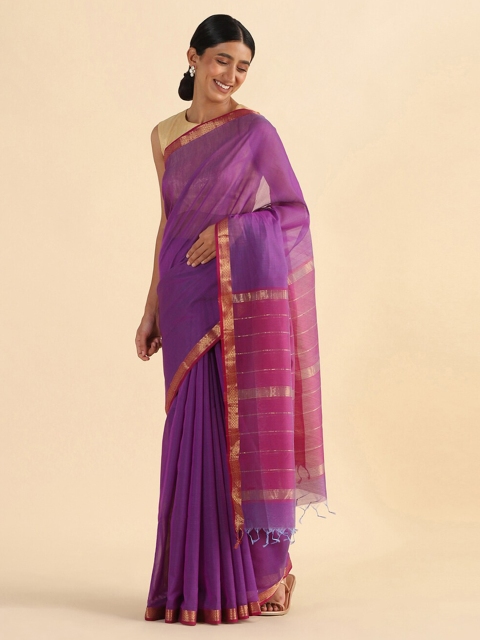 

Taneira Purple & Gold-Toned Zari Silk Cotton Maheshwari Saree