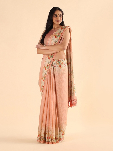 

Taneira Pink & Orange Floral Pure Linen Saree