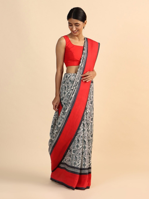 

Taneira White & Red Ethnic Motifs Pure Silk Saree