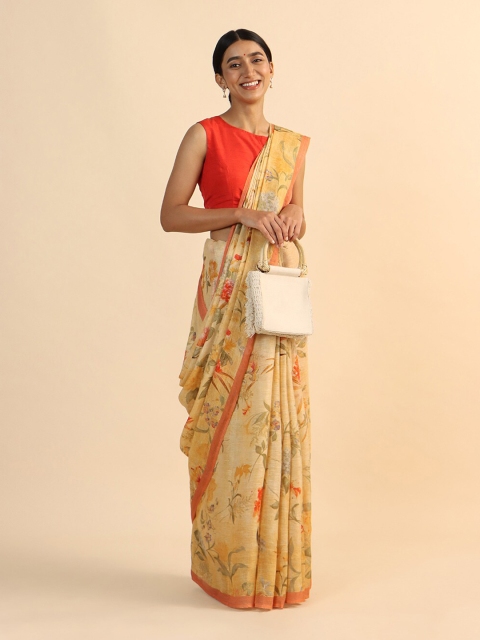 

Taneira Beige & Orange Floral Pure Linen Saree