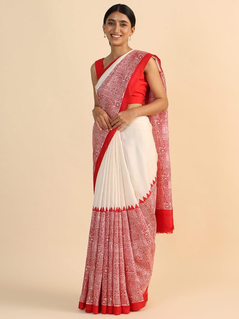 

Taneira Cream-Coloured & Red Pure Silk Saree