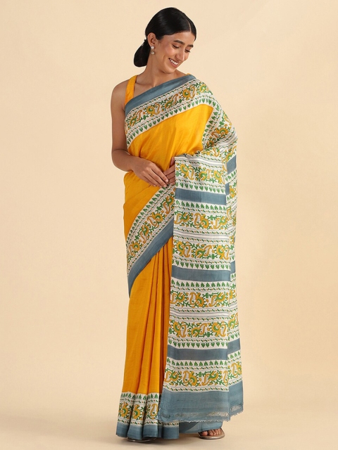 

Taneira Yellow & Grey Pure Silk Block Print Saree