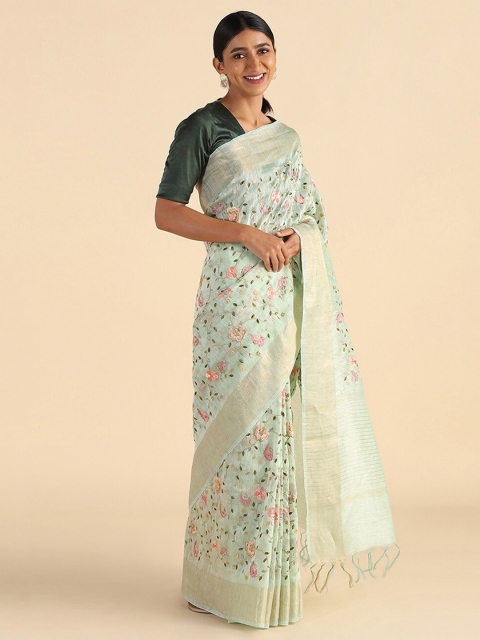 

Taneira Light Blue Embroidered Pure Linen Saree