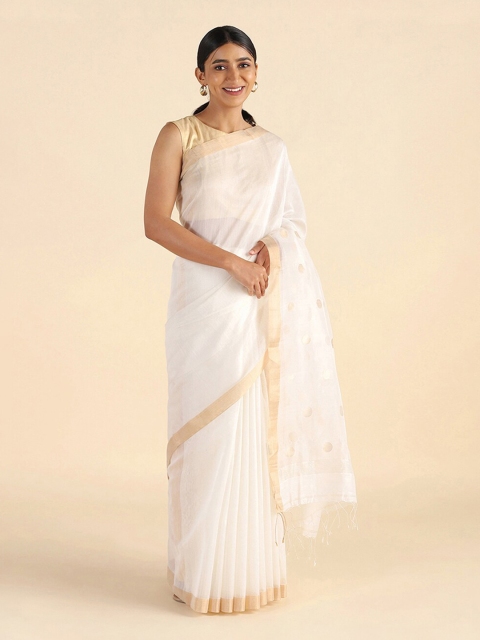 

Taneira Cream-Coloured & Gold-Toned Zari Silk Cotton Saree