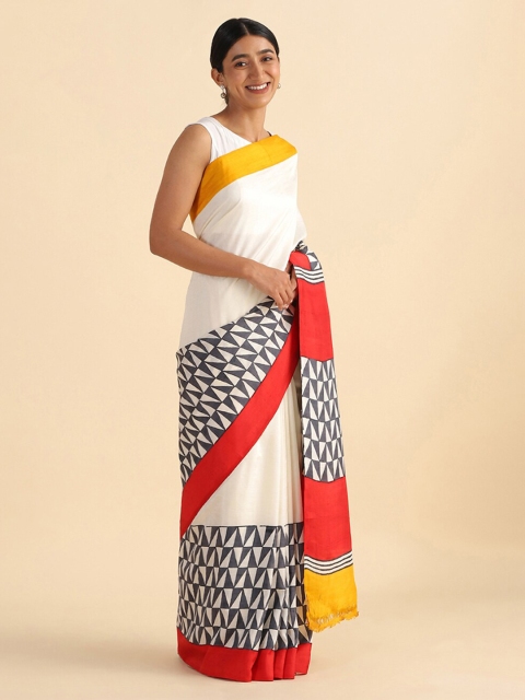 

Taneira Cream-Coloured & Red Pure Silk Block Print Saree, Off white