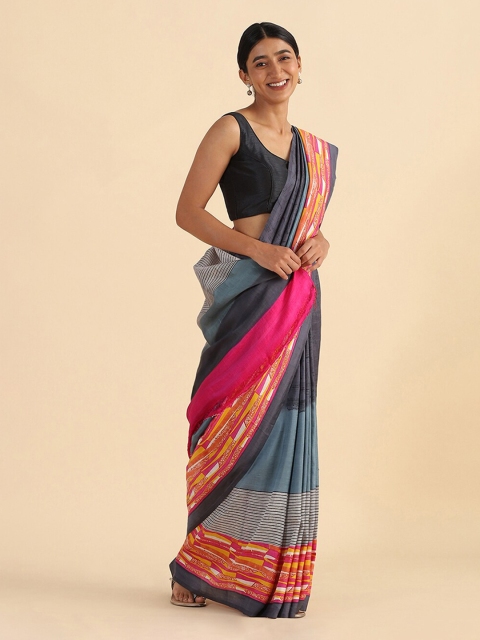 

Taneira Grey & Pink Pure Silk Block Print Saree