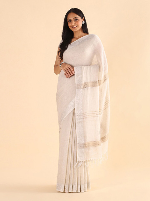 

Taneira Off-White & Silver-Toned Woven Design Zari Pure Linen Bhagalpuri Saree