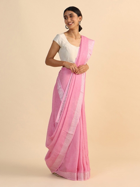 

Taneira Pink & Silver-Toned Zari Pure Linen Bhagalpuri Saree
