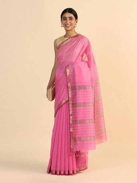 

Taneira Pink & Gold-Toned Zari Silk Cotton Maheshwari Saree