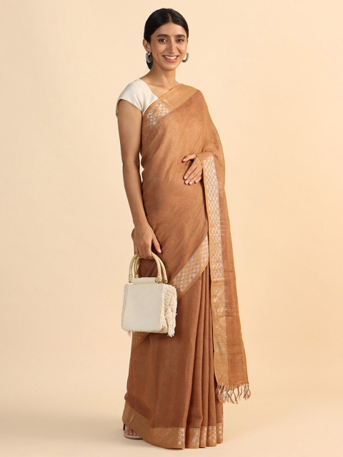 

Taneira Brown & Silver-Toned Zari Pure Linen Bhagalpuri Saree