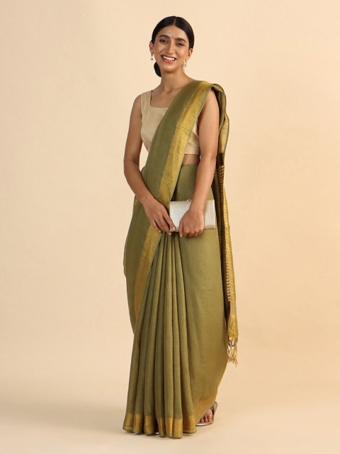 

Taneira Green & Gold-Toned Zari Pure Linen Bhagalpuri Saree