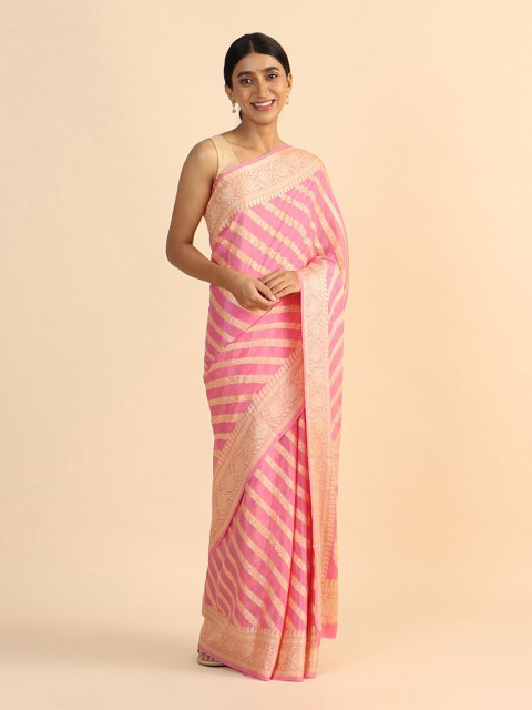 

Taneira Pink & Gold-Toned Woven Design Pure Georgette Banarasi Saree