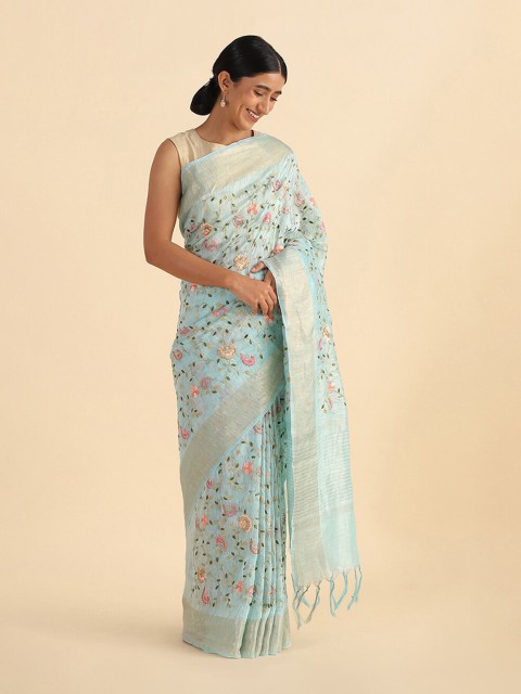 

Taneira Blue & Green Floral Embroidered Pure Linen Saree