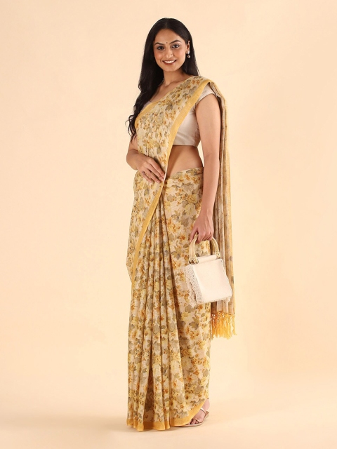 

Taneira Beige & Yellow Floral Pure Linen Saree