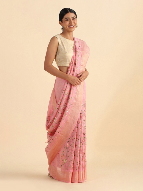 

Taneira Pink & Green Floral Zari Pure Linen Saree