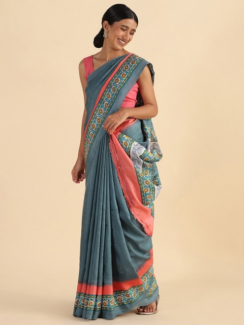 

Taneira Grey & Pink Floral Pure Silk Block Print Saree