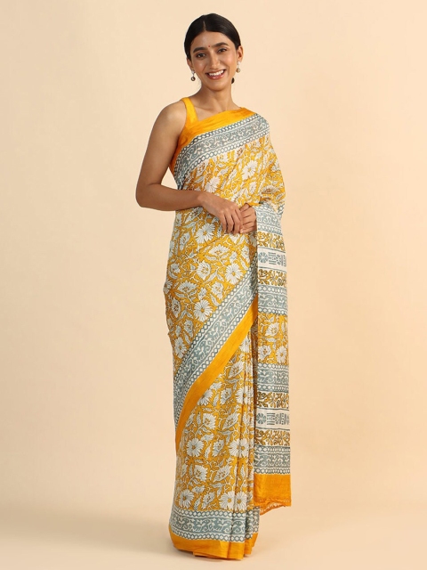 

Taneira Yellow & Grey Floral Pure Silk Saree