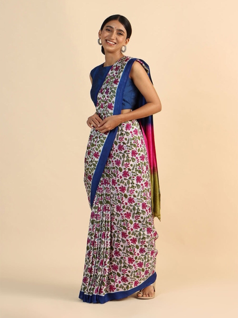 

Taneira Women White & Blue Silk Floral Printed Saree
