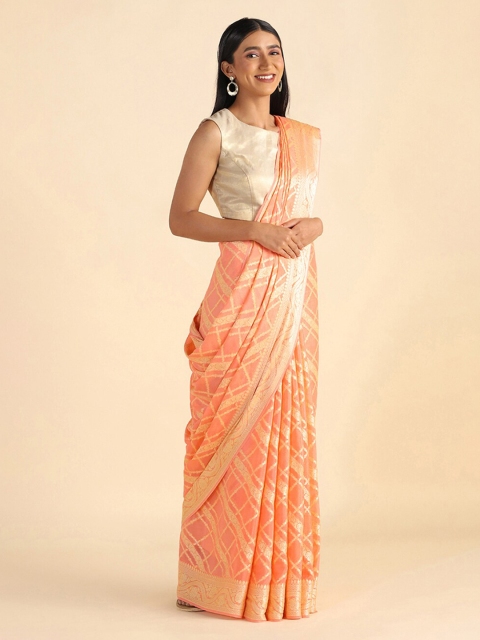 

Taneira Orange & Gold-Toned Floral Zari Pure Georgette Banarasi Saree