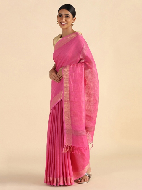 

Taneira Pink & Gold-Toned Zari Pure Linen Bhagalpuri Saree