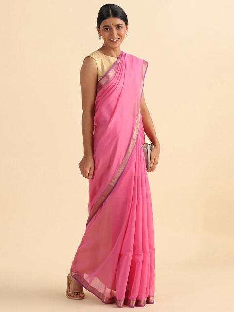 

Taneira Pink & Gold-Toned Zari Silk Cotton Maheshwari Saree