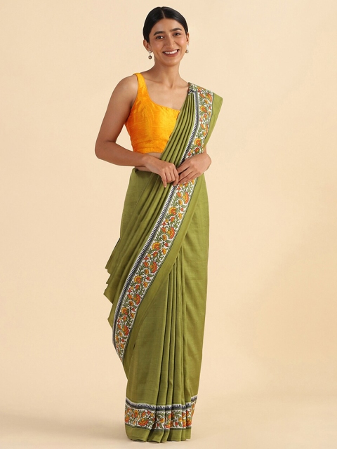 

Taneira Green & White Floral Pure Silk Block Print Saree