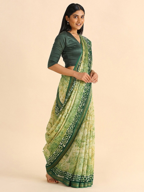 

Taneira Green & Beige Floral Zari Silk Cotton Saree