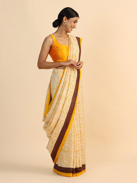 

Taneira Cream-Coloured & Yellow Ethnic Motifs Pure Silk Saree