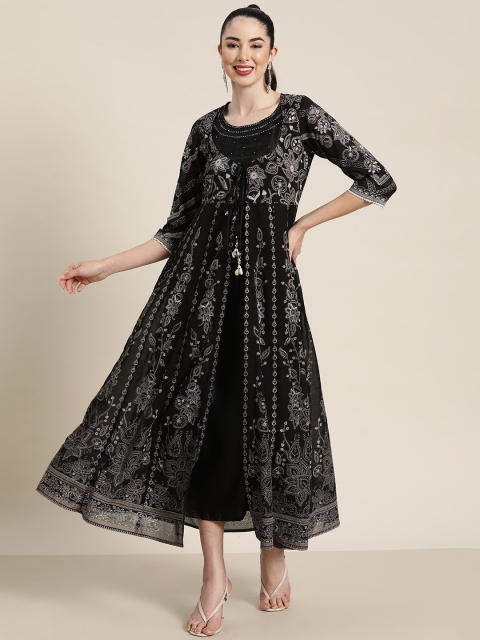 

Juniper Black & Silver Yoke Design A-Line Maxi Dress with Ethnic Print Panelled Jacket