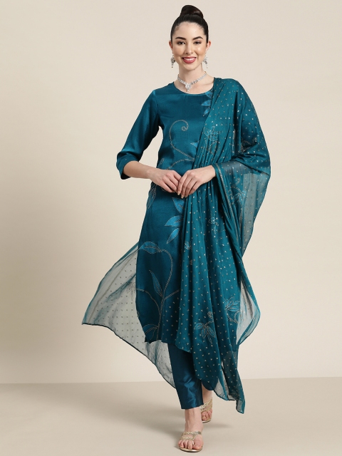 

Juniper Women Teal Green Ethnic Motifs Printed Straight Kurta Pant Dupatta Set
