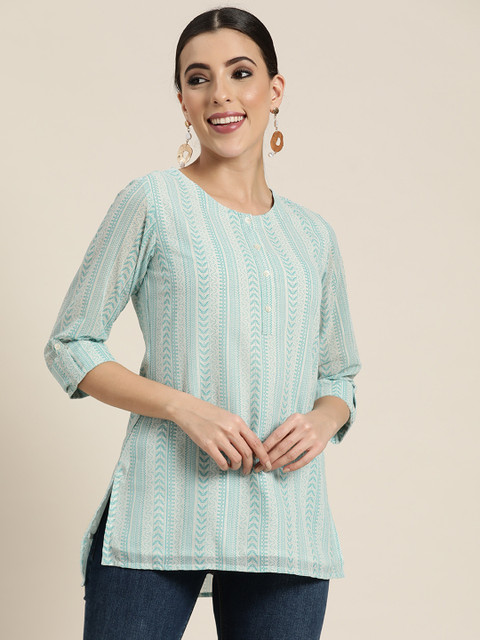

Juniper Women Blue Georgette Printed High-Low Tunic