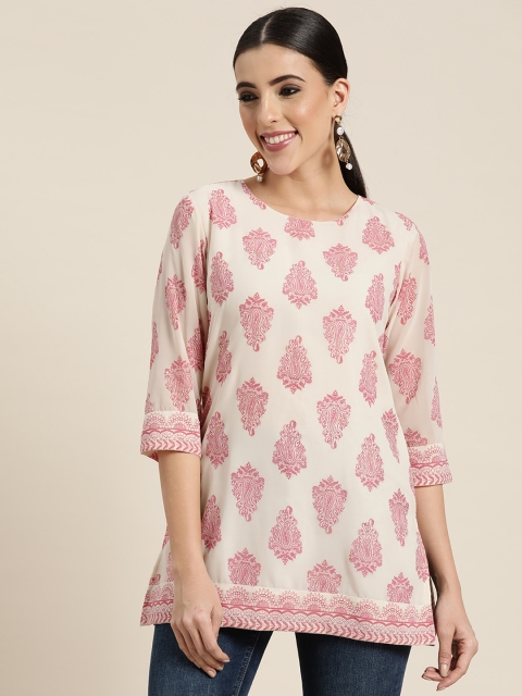

Juniper Women Off White & Pink Ethnic Motifs Georgette Printed Straight Tunic