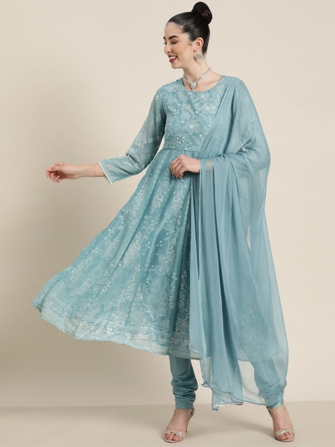 

Juniper Women Blue & Silver Ethnic Printed Panelled Anarkali Kurta Churidar & With Dupatta