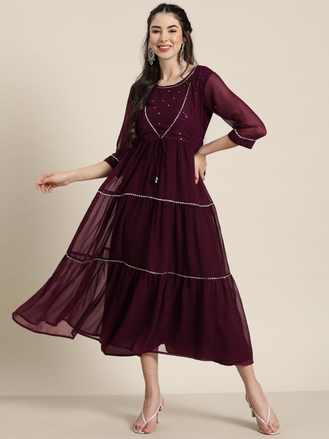 

Juniper Women Burgundy Ethnic Motifs Embroidered Sequinned A-Line Tiered Dress