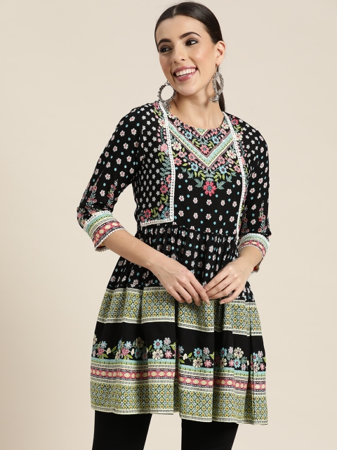 

Juniper Women Black & Green Floral Printed Lace Inserts Peplum Tunic