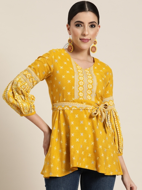 

Juniper Women Mustard Yellow Ethnic Motifs Printed A-Line Tunic with Belt