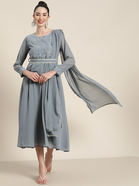 

Juniper Women Grey Embroidered Georgette A-Line Flared Dress with Dupatta & Belt