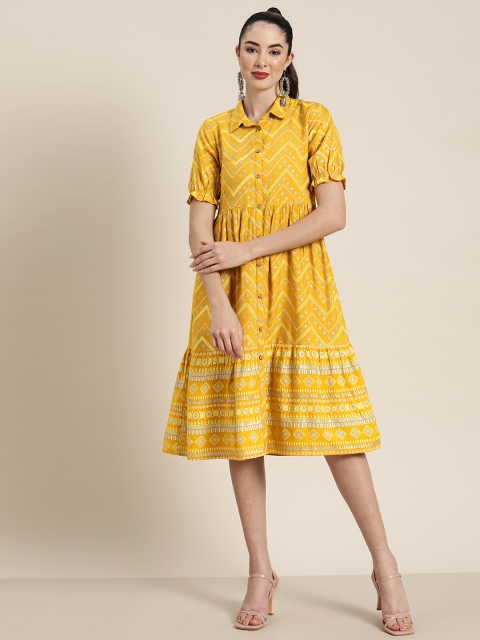 

Juniper Mustard Yellow Chevrons & Ethnic Motifs Print Shirt Collar Puff Sleeves Dress