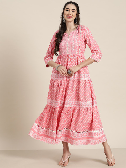 

Juniper Women Pink Ethnic Motifs Printed Yoke Design Lace Inserts A-Line Tiered Dress